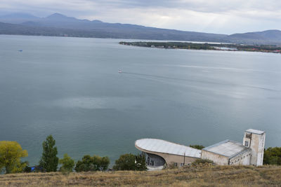 High angle view of lake against sky