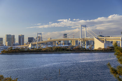 View of suspension bridge over river