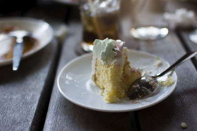 Cake on white dish after eating