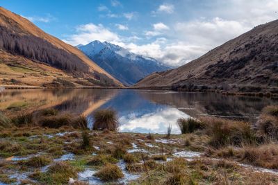 Scenic view of lake and mountains against sky