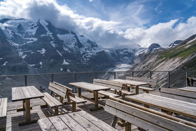 Scenic view of snowcapped mountains against sky