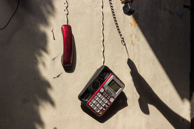 High angle view of laptop on mobile phone