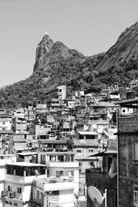 High angle view of houses against clear sky