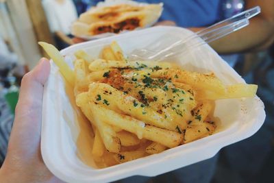 Close-up of hand holding food in plate