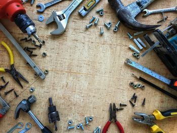 High angle view of tools on table