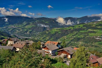 High angle view of buildings against sky