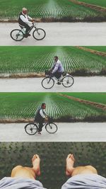 High angle view of men riding bicycle