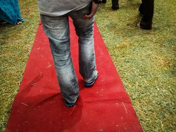 Low section of men standing on grassland