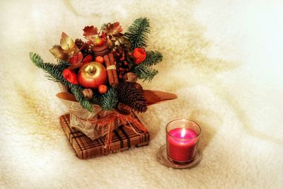 High angle view of christmas decoration on table