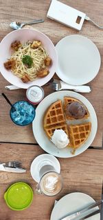 High angle view of breakfast served on table