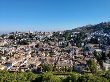 Aerial view of townscape against clear blue sky