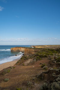 Scenic view of beach against blue sky