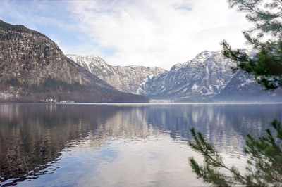 Scenic view of lake by snowcapped mountains against sky