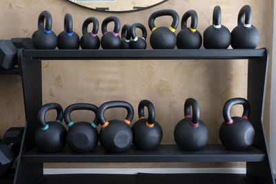 High angle view of dumbbells on table