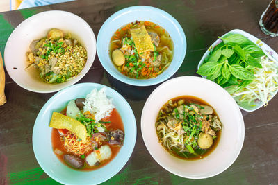 High angle view of meal served on table