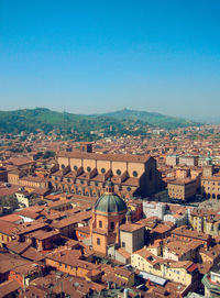 High angle view of town against clear sky