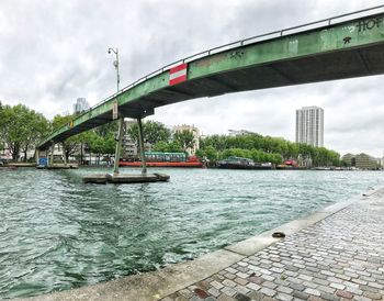 Bridge over river against sky in city