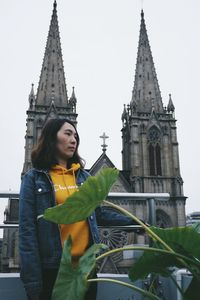 Low angle view of a woman with a temple