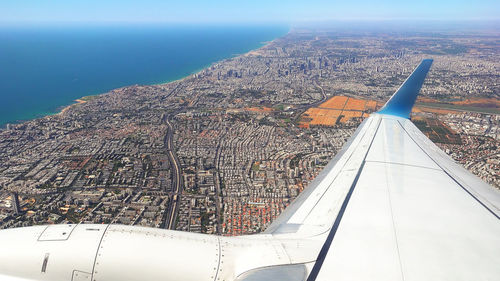 Aerial view of airplane wing