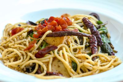 Close-up of noodles served in plate