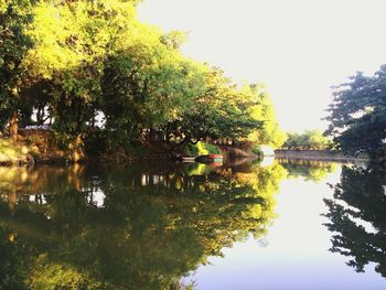 Reflection of trees in lake against sky