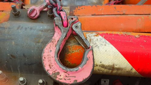 Close-up of rusty metallic hook on old pipe