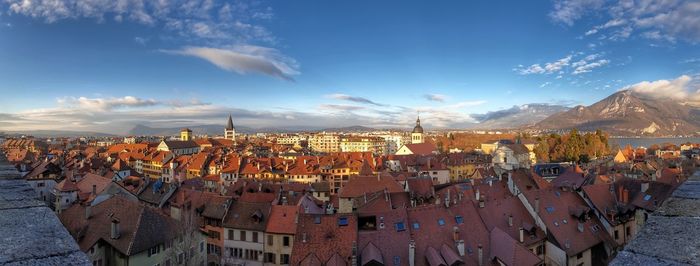 High angle shot of townscape against sky