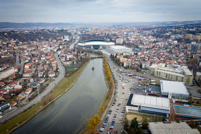 Aerial urban landscape, houses and flat of blocks. above view of cluj napoca, city, romania