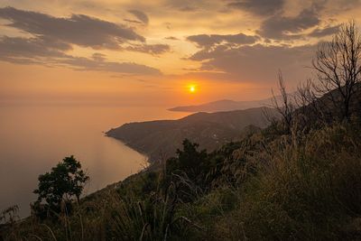 Scenic view of sea against orange sky