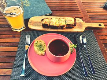 High angle view of breakfast served on table