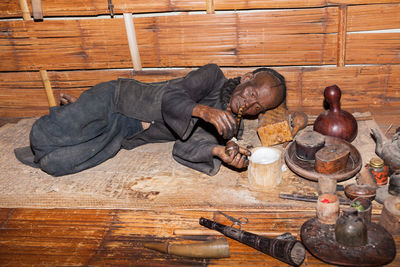 High angle view of man working on table