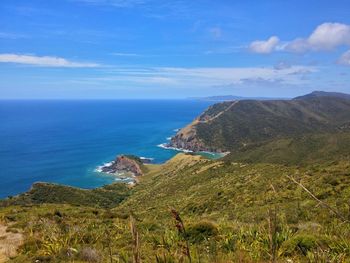 Scenic view of sea against blue sky