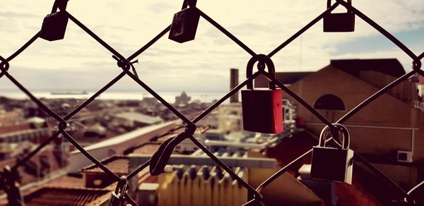 Close-up of padlocks on chainlink fence