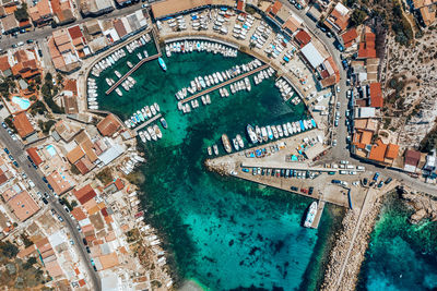 High angle view of city buildings