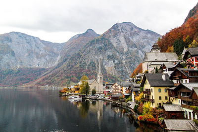 Town by lake and mountains