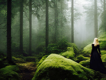 Rear view of woman standing in forest