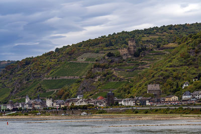 Scenic view of townscape by mountain against sky