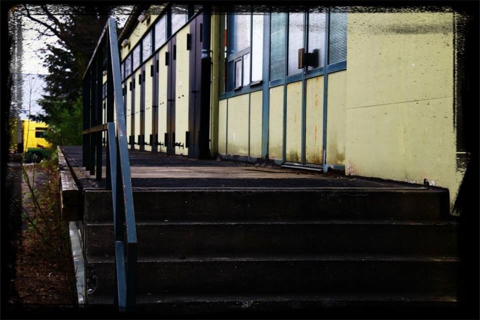 built structure, architecture, transfer print, building exterior, steps, auto post production filter, tree, railing, house, day, staircase, sunlight, outdoors, wood - material, window, steps and staircases, no people, building, plant, residential structure