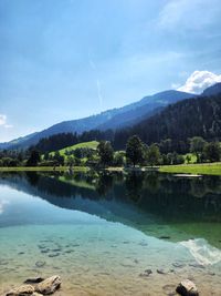 Scenic view of lake and mountains against sky