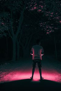 Rear view of man with red umbrella standing at night