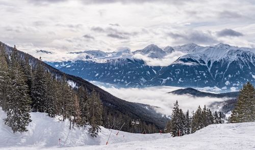 Scenic view of snowcapped mountains against sky