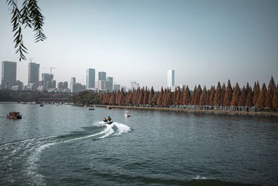 Panoramic view of buildings against clear sky