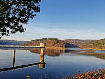 Scenic view of lake against clear blue sky