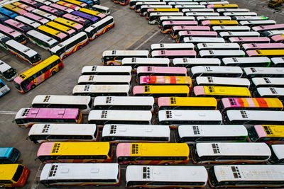 Aerial view of buses parked in rows