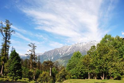 Scenic view of mountains and trees against sky