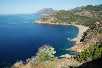 High angle view of bay against clear sky