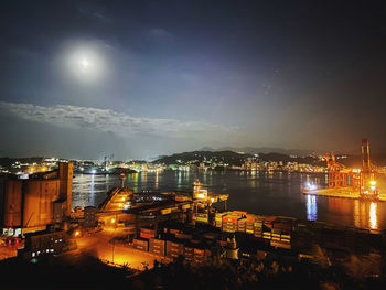 High angle view of illuminated cityscape against sky at night