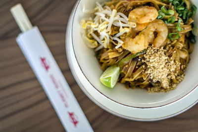 High angle view of noodles in bowl on table