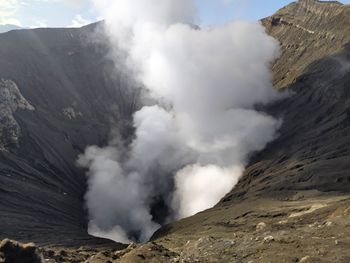 Smoke emitting from volcanic mountain