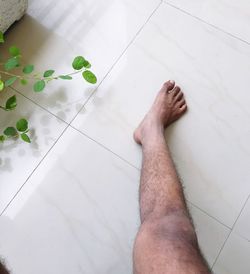 Low section of man legs on tiled floor